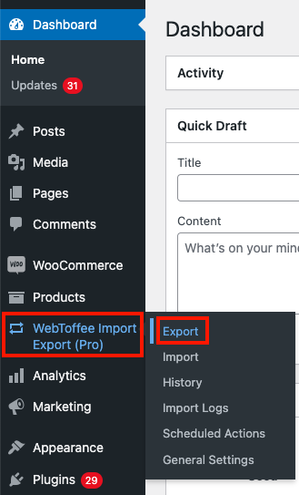 حدد خيار التصدير ضمن WebToffee Import Export (Pro)