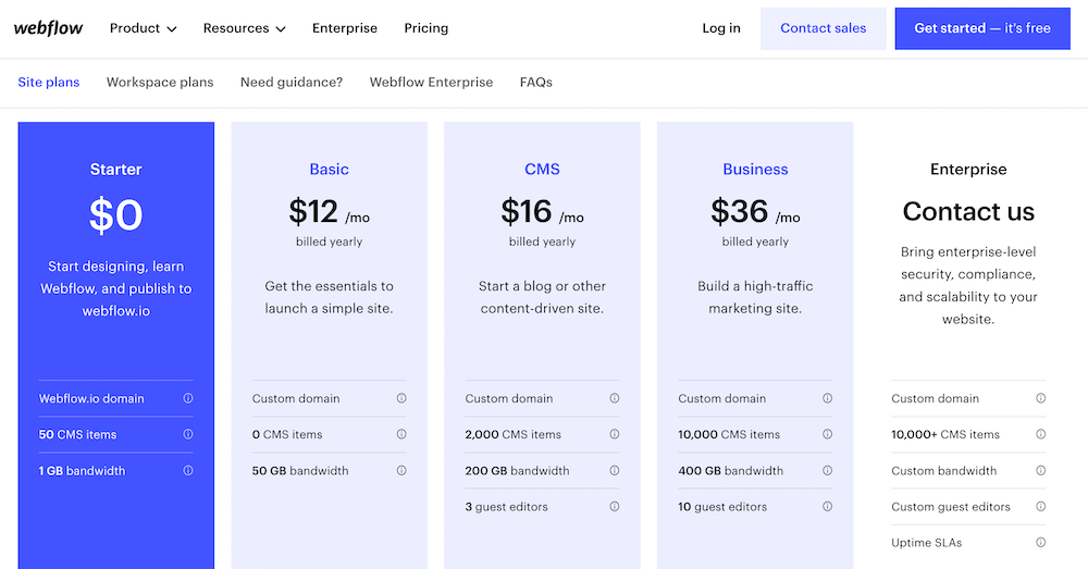 Webflow 가격 책정