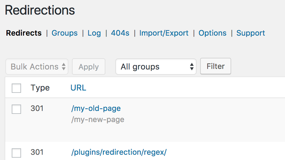 Uma lista de redirecionamentos dentro das configurações do plugin Redirecionamento do WordPress