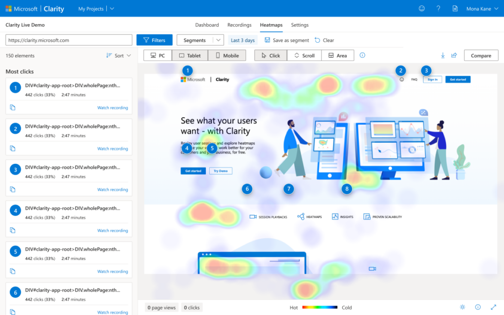 Um mapa de calor no Microsoft Clarity