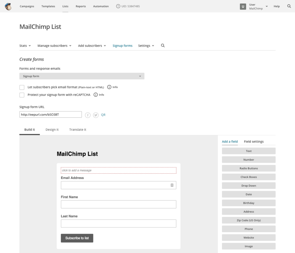 O painel de lista do MailChimp para WordPress