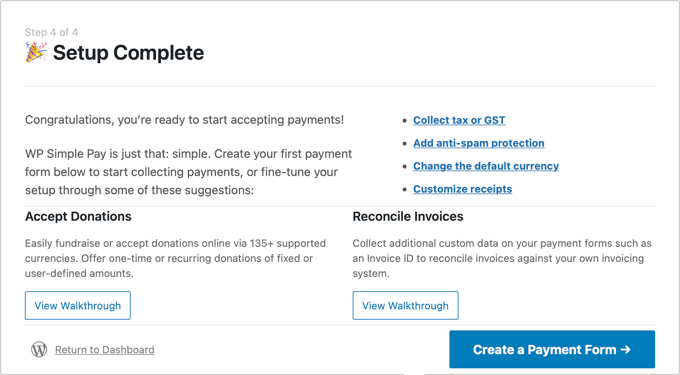 La configuración de WP Simple Pay está completa