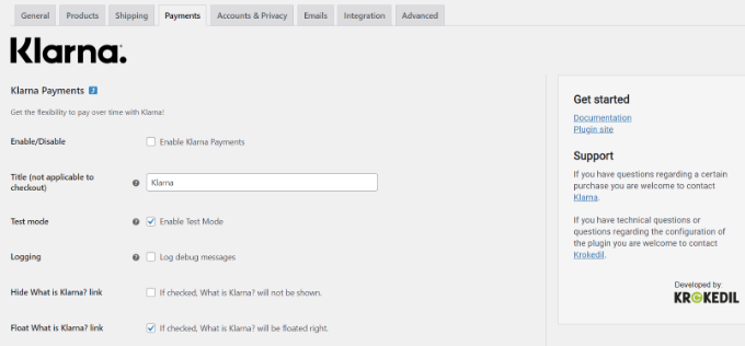 Configurar los ajustes de Klarna