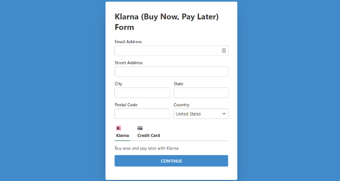 Vista previa de la página dedicada del formulario de pago de Klarna