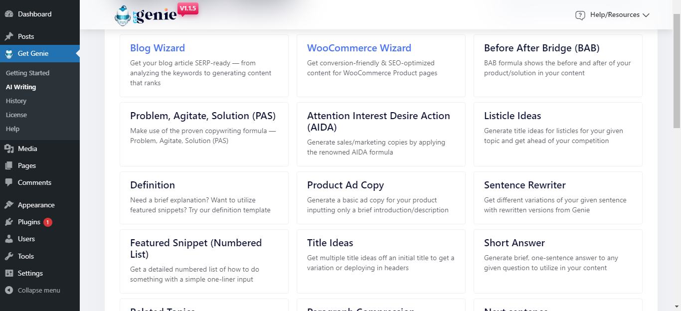 GetGenie plantillas listas para contenido