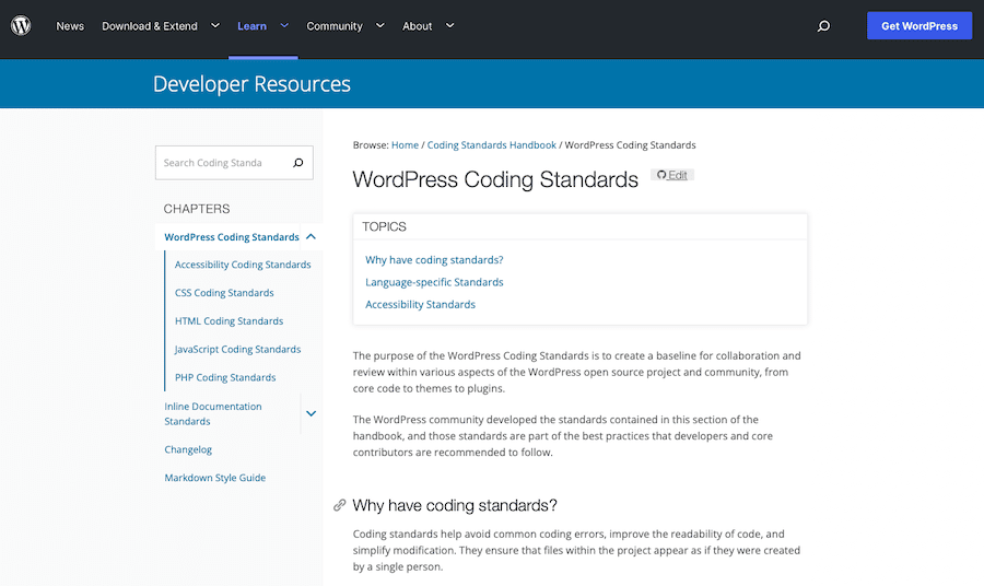 Standard di codifica di WordPress nel codice ufficiale di WordPress.