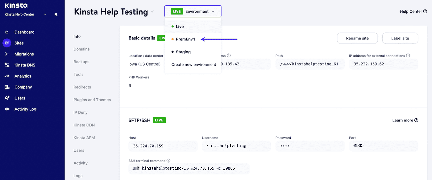 Selezione di un ambiente di staging premium in MyKinsta.