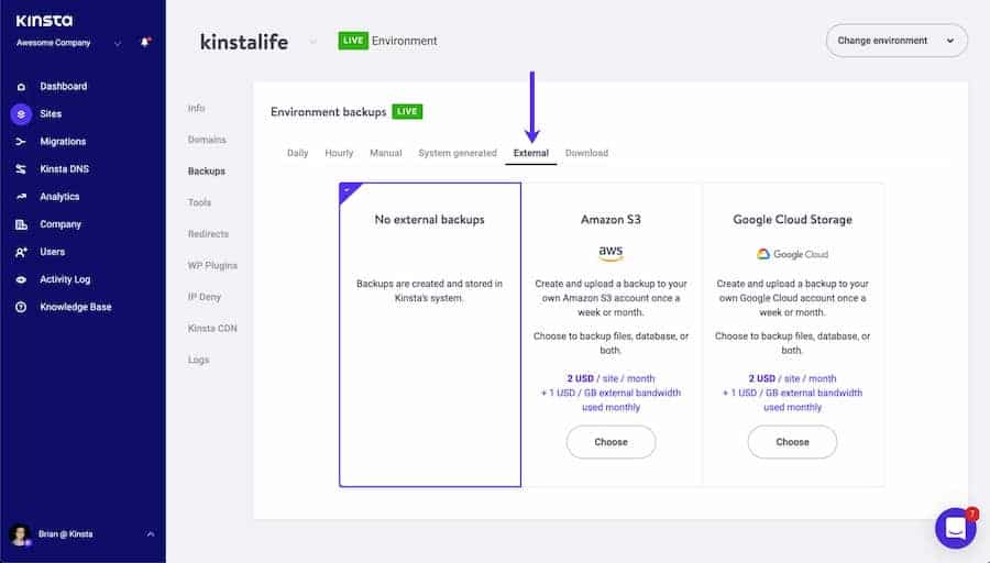 Componente aggiuntivo per backup esterni automatizzati Kinsta