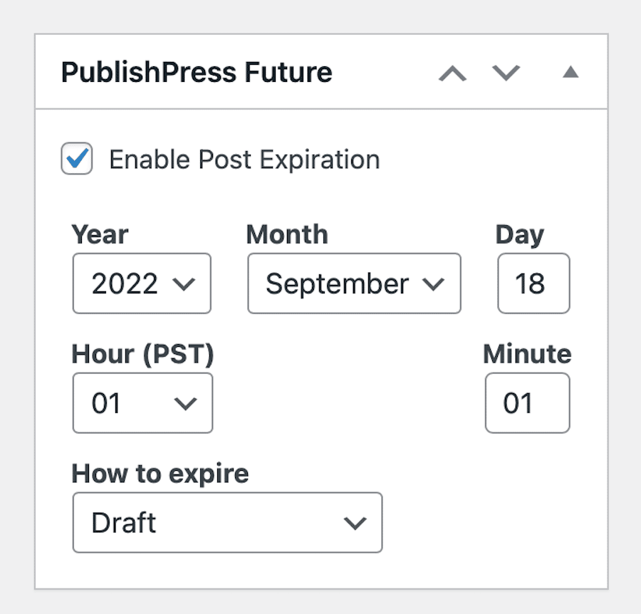Configuración de cuándo caducará una publicación utilizando el complemento PublishPress Future.