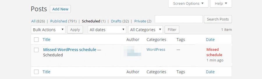 Cómo aparece en WordPress una entrada de blog que no cumple con su calendario de publicación.