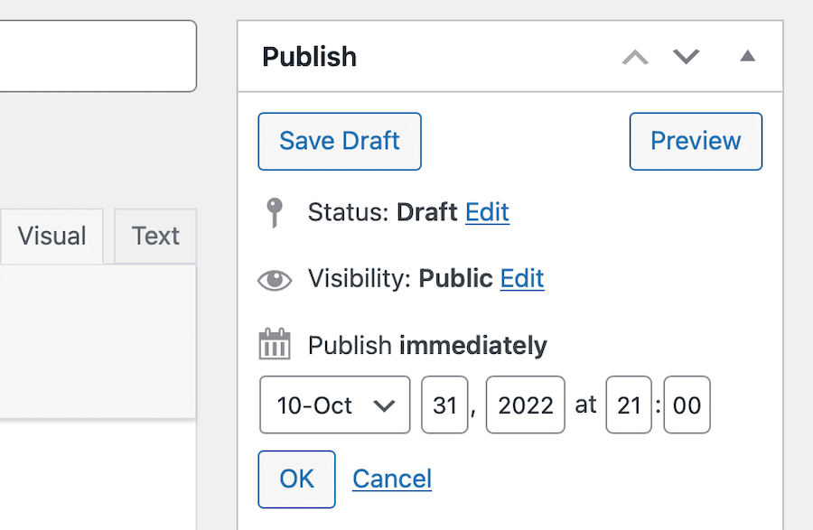 Configuración de la fecha y la hora para programar una publicación de blog con el Editor clásico.