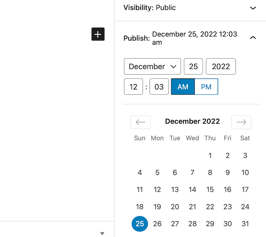 Establecer la fecha y la hora para programar la publicación de una publicación de blog utilizando el Editor de bloques.