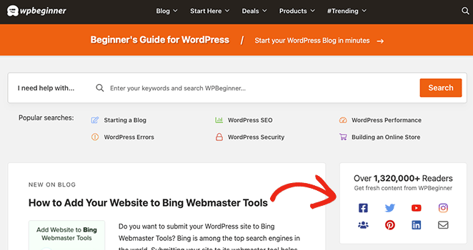 Icone dei social media di WordPress nella barra laterale di WPBeginner