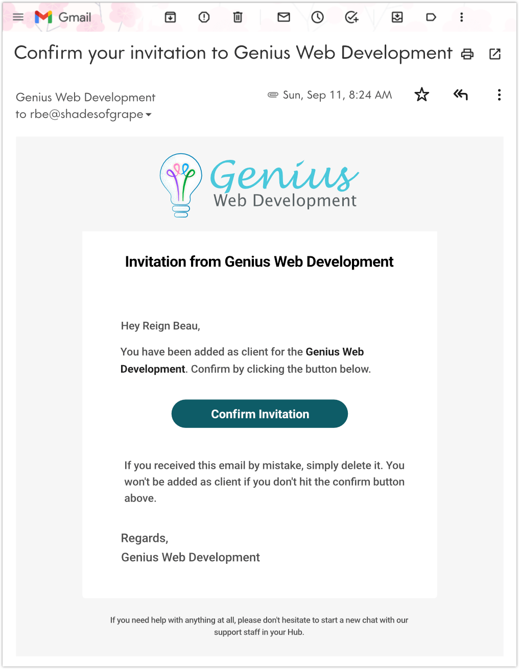 e-mail de confirmare a invitației