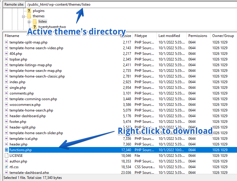 Unduh dan edit file functions.php melalui Klien FTP