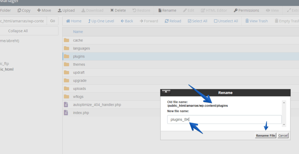 Rinomina il nome della directory dei plugin di WordPress tramite File Manager