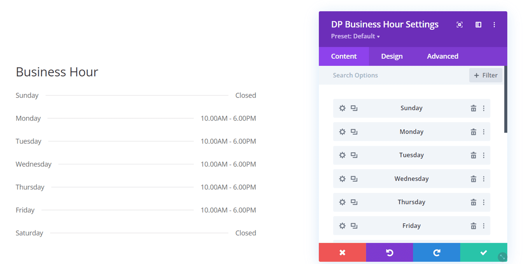 ปลั๊กอิน Divi เน้นเวลาทำการของ Divi ConKit Pro