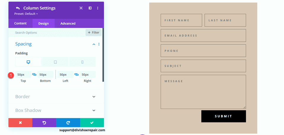 インラインおよび全幅フィールドを使用した Divi コンタクト フォーム レイアウト レイアウト 2 パディングの追加