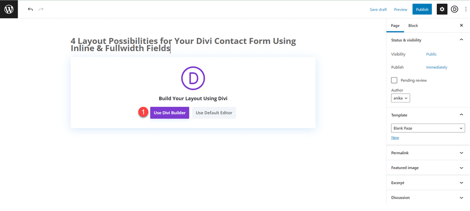 インラインフィールドと全角フィールドを使用したDiviコンタクトフォームレイアウト レイアウト使用ビルダー