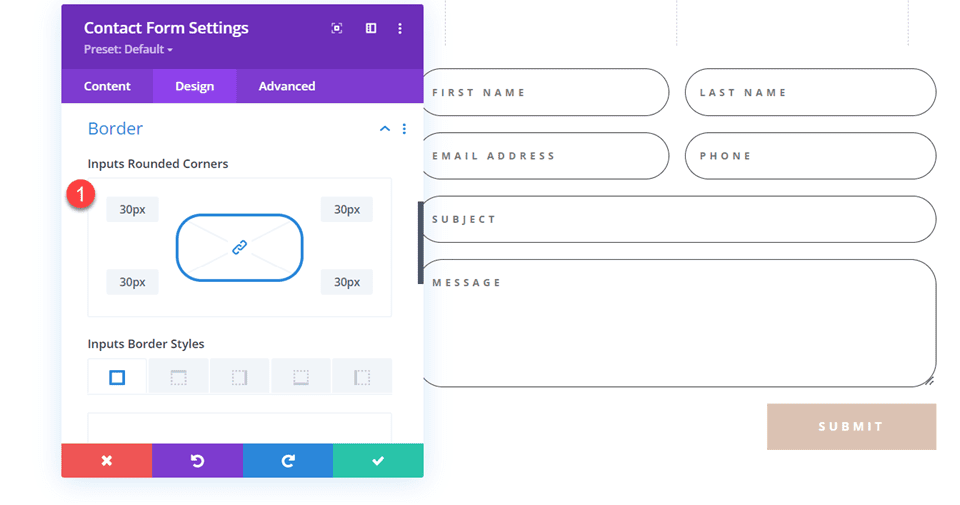 インラインおよび全幅フィールドを使用した Divi お問い合わせフォーム レイアウト レイアウト 1 角が丸い