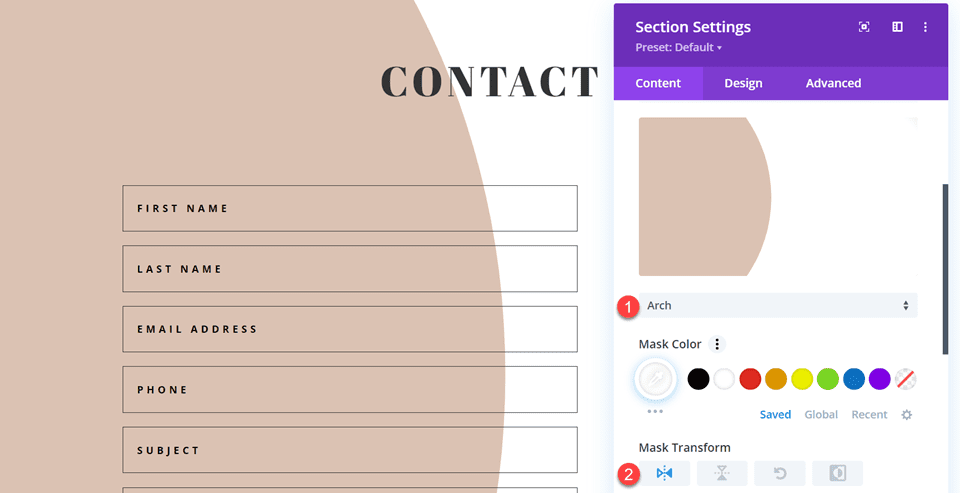 インラインおよび全幅フィールド レイアウト 4 を使用した Divi コンタクト フォーム レイアウト 背景マスクの追加