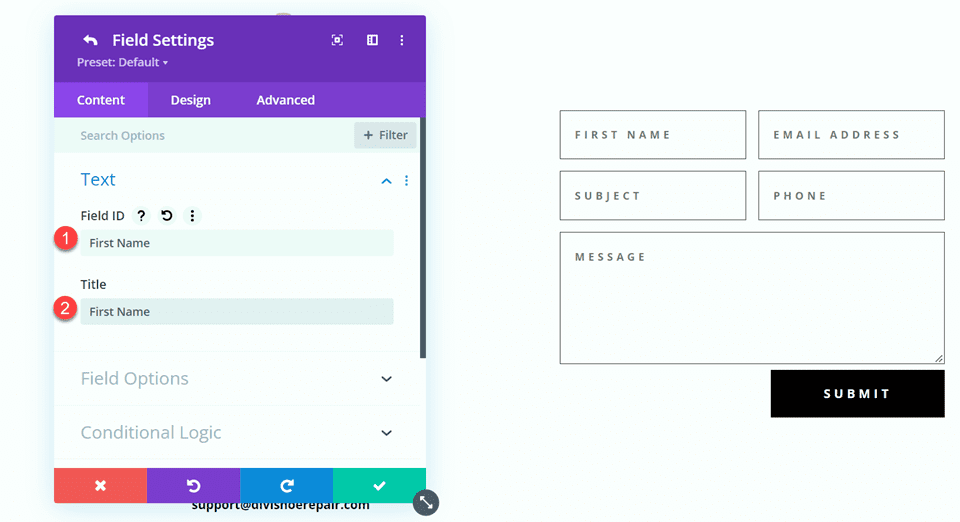 インラインおよび全幅フィールドを使用した Divi コンタクトフォームレイアウト レイアウト 2 フィールド ID とタイトル
