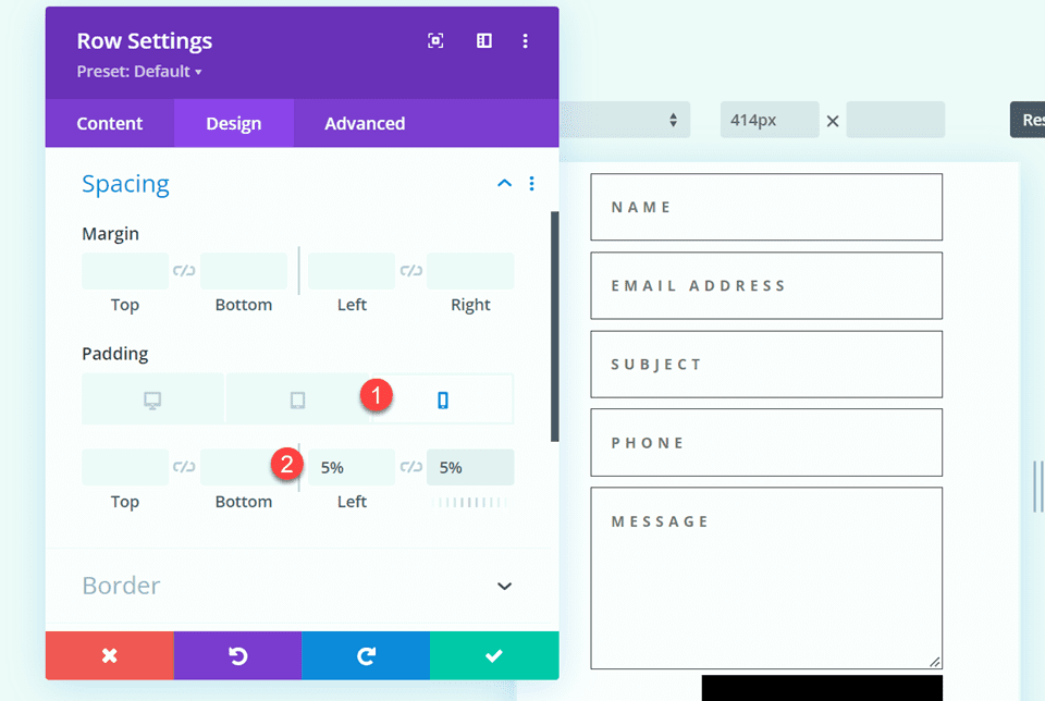 インラインおよび全角フィールドを使用した Divi コンタクト フォーム レイアウト レイアウト 1 レスポンシブ スペーシング