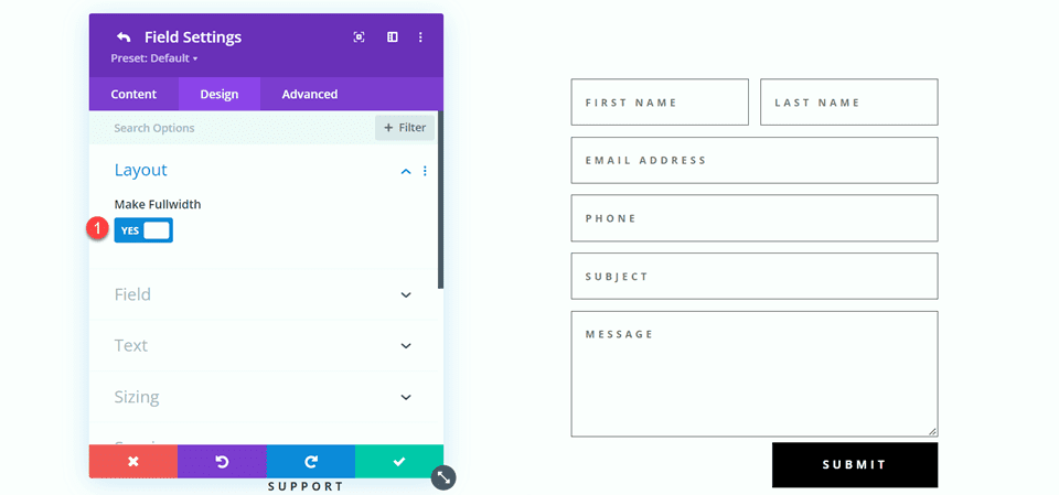 インラインおよび全角フィールドを使用した Divi コンタクト フォーム レイアウト レイアウト 2 全角にする