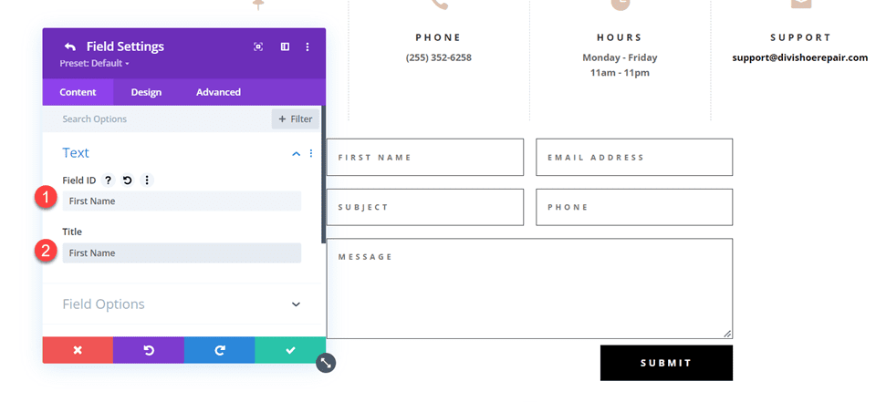 インラインおよび全角フィールドを使用した Divi 連絡先フォーム レイアウト レイアウト 1 フィールドの名前を変更