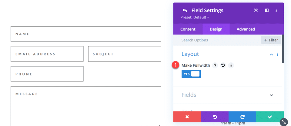インラインおよび全角フィールドを使用した Divi コンタクトフォームレイアウト レイアウト 4 全角にする