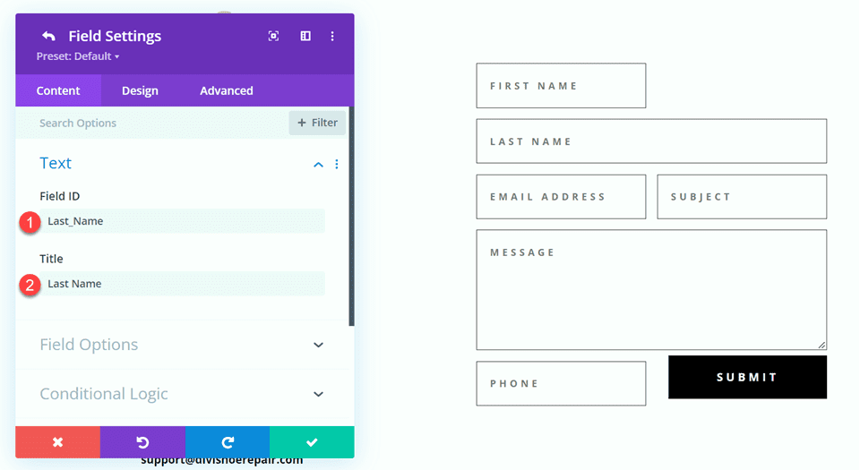 インラインおよび全角フィールドを使用した Divi コンタクトフォームレイアウト レイアウト 2 フィールド ID