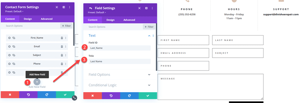 インラインおよび全角フィールドを使用した Divi コンタクトフォームレイアウト レイアウト 1 フィールドの追加