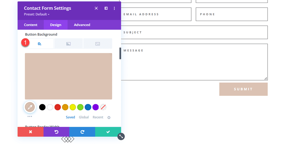 インラインおよび全角フィールドを使用した Divi 連絡先フォーム レイアウト レイアウト 1 ボタンの背景
