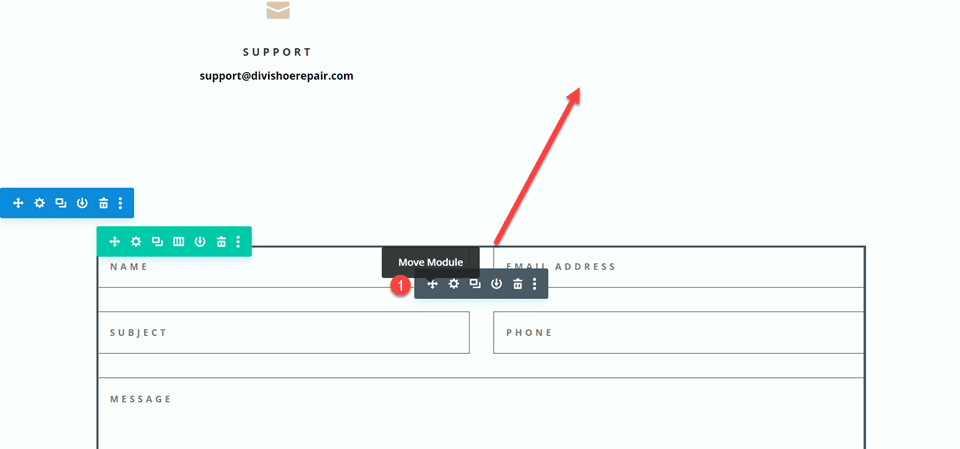 インラインおよび全幅フィールドを使用した Divi 連絡先フォーム レイアウト レイアウト 2 連絡先フォームの移動