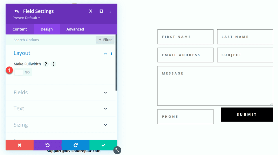インラインおよび全角フィールドを使用した Divi コンタクト フォーム レイアウト レイアウト 2 全角なし