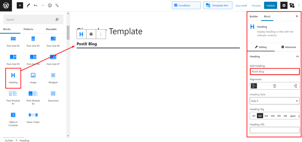 Come creare una pagina separata per i post del blog in WordPress 8 Adding Heading Block