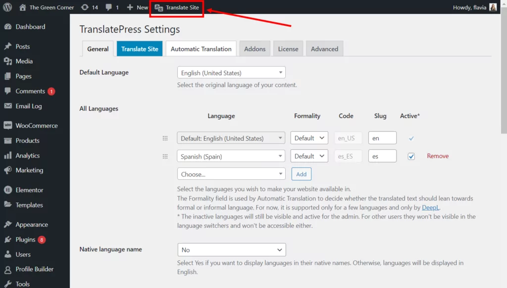 Apertura dell'editor di traduzione di TranslatePress dalla dashboard di WordPress