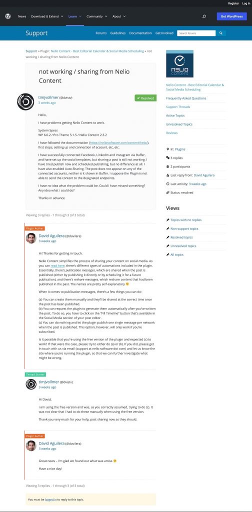 Responda no fórum de suporte do WordPress.org