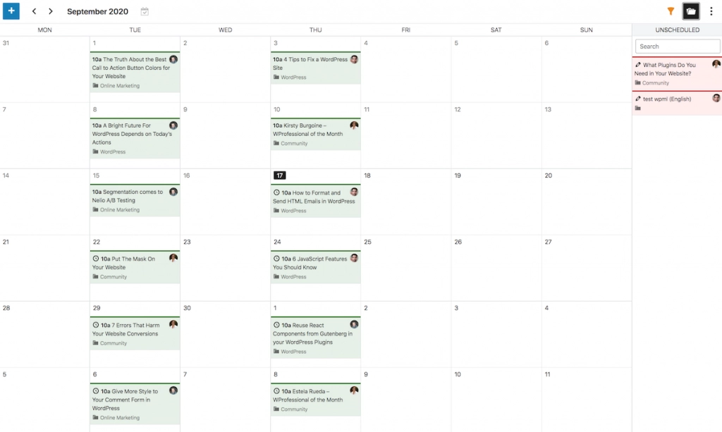 Calendário editorial com postagens não agendadas