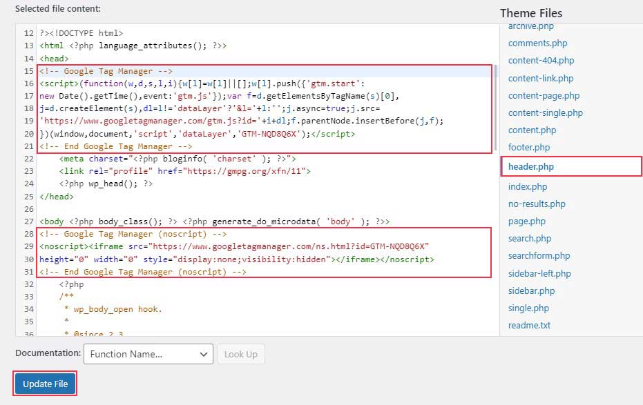 在 WordPress 主題文件編輯器 header.php 文件中添加 Google Tag Manager 代碼