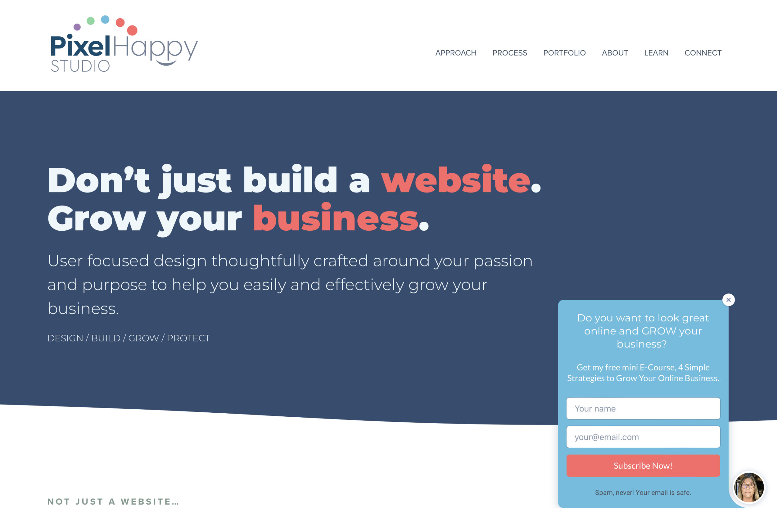 Pixel Happy Studio è stato creato con Beaver Builder e utilizza un popup per acquisire le e-mail