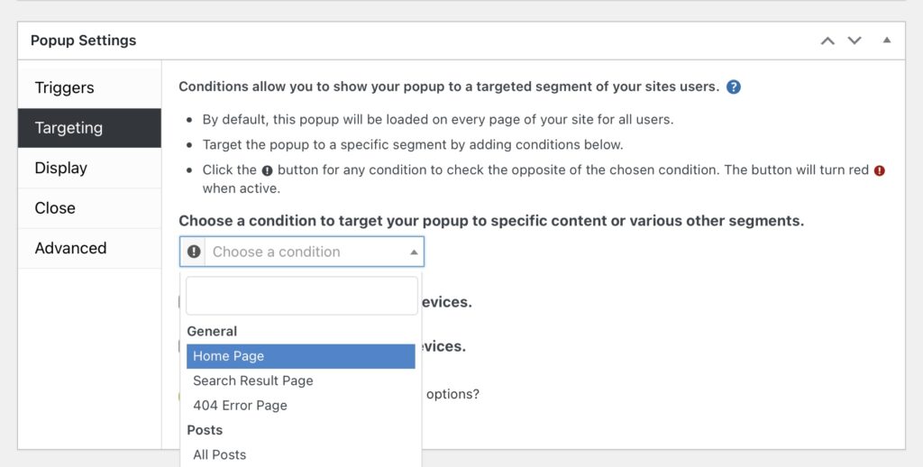 Opzioni di targeting di Popup Maker