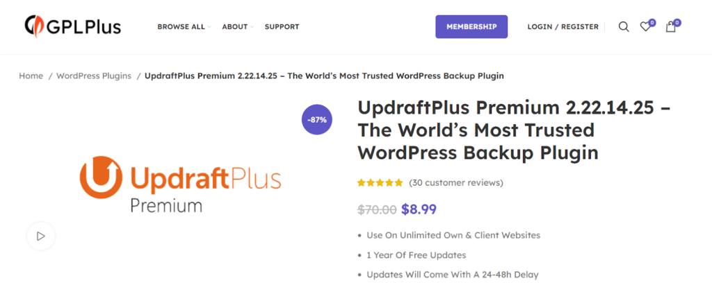ตัวอย่างหน้า Landing Page ของ Updraft Plus