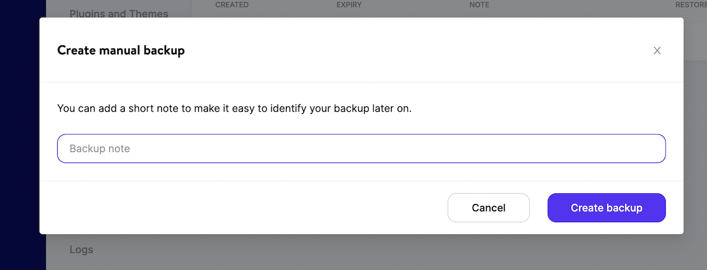Crea un backup manuale in MyKinsta