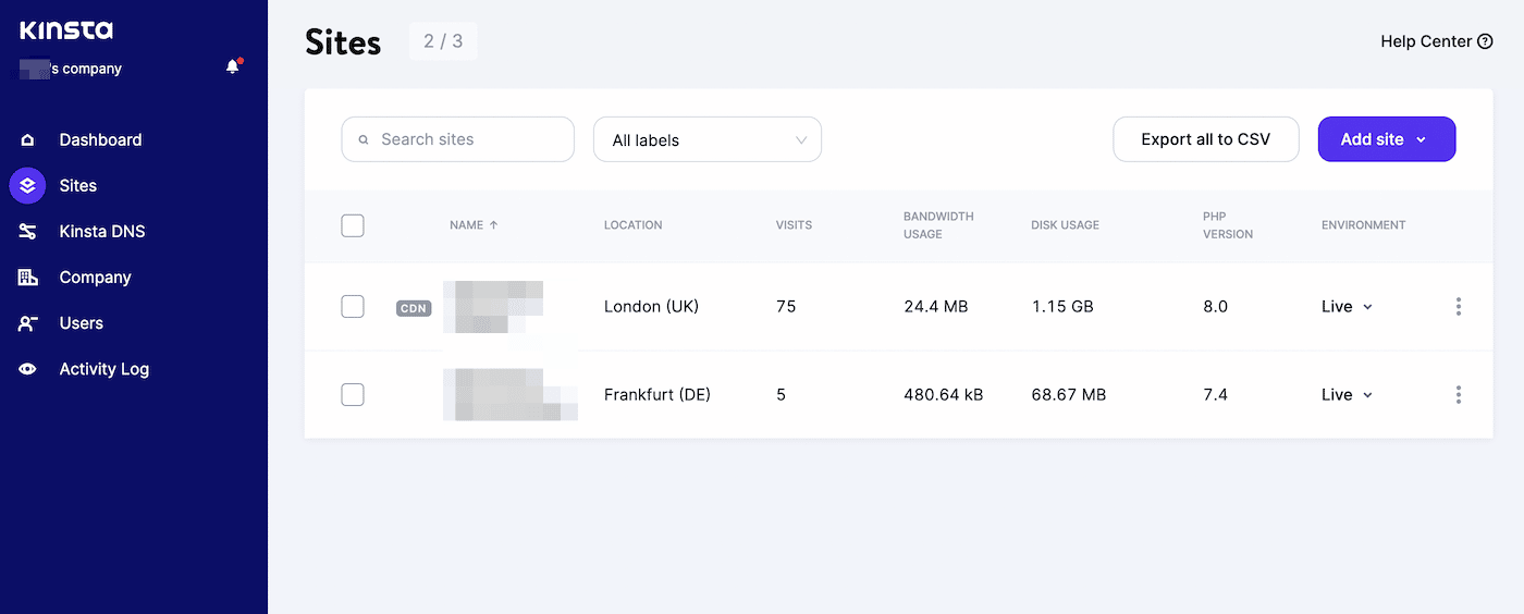 Seleziona un sito nella dashboard di MyKinsta