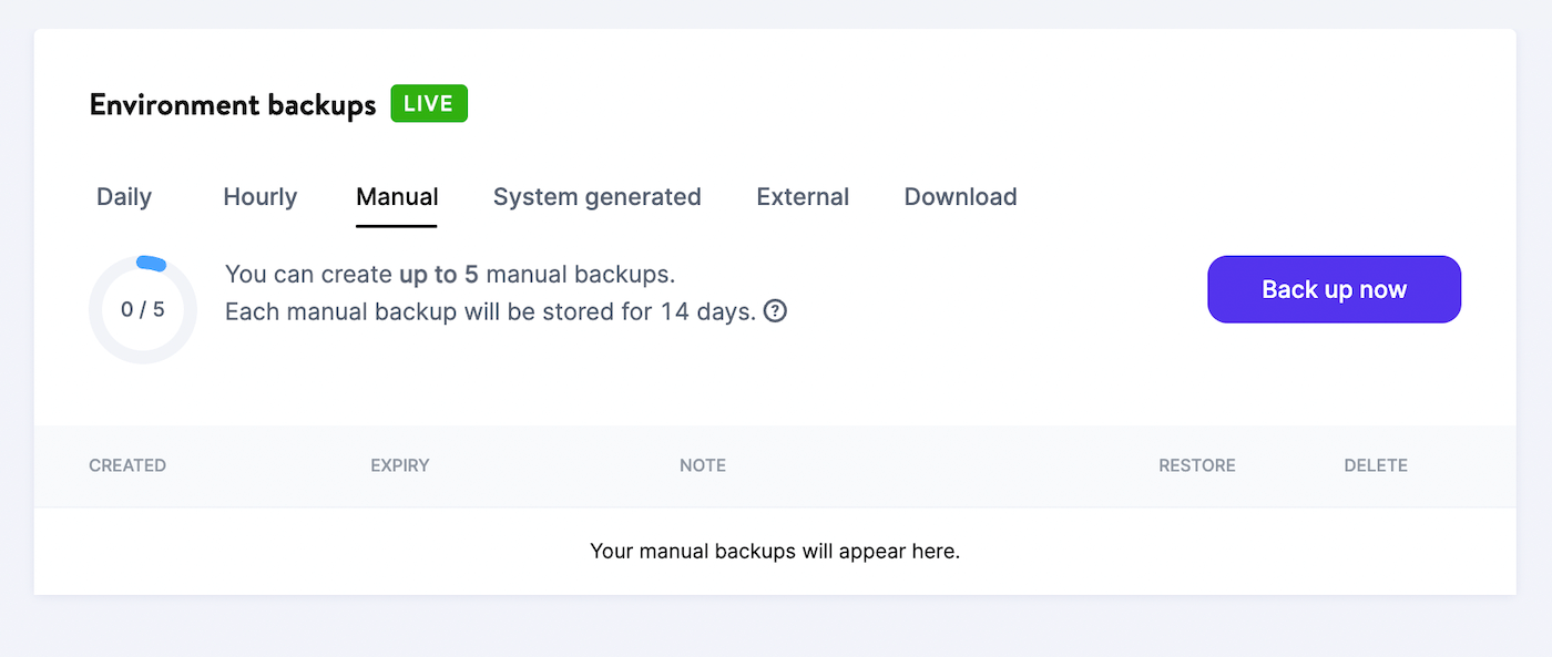 Una vista dei backup manuali in MyKinsta