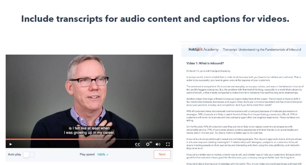 includere trascrizioni per i contenuti audio e didascalie per i video