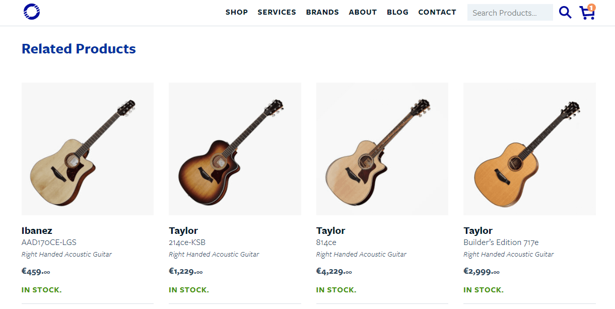 Uma seção de "Produtos Relacionados" em uma loja de guitarras online.