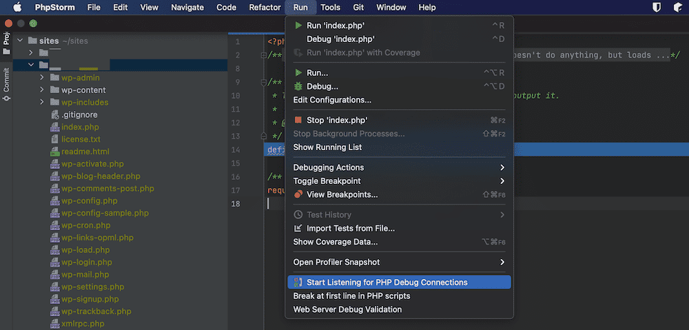 Solda bir ağaç dizini ve uygulama araç çubuğunu gösteren kısmi bir PhpStorm arayüz ekranı. Çalıştır menüsü açılır ve