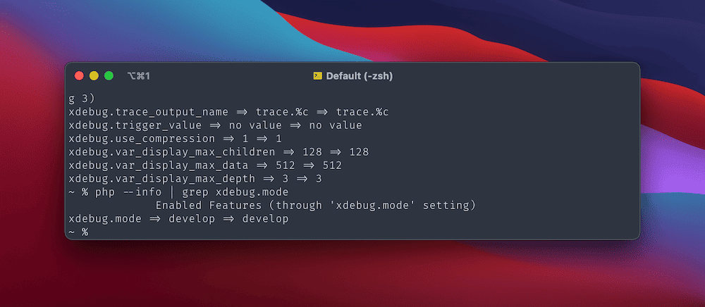 一個終端窗口，顯示許多不同的 Xdebug 配置設置（例如輸出名稱和顯示變量）。提示顯示
